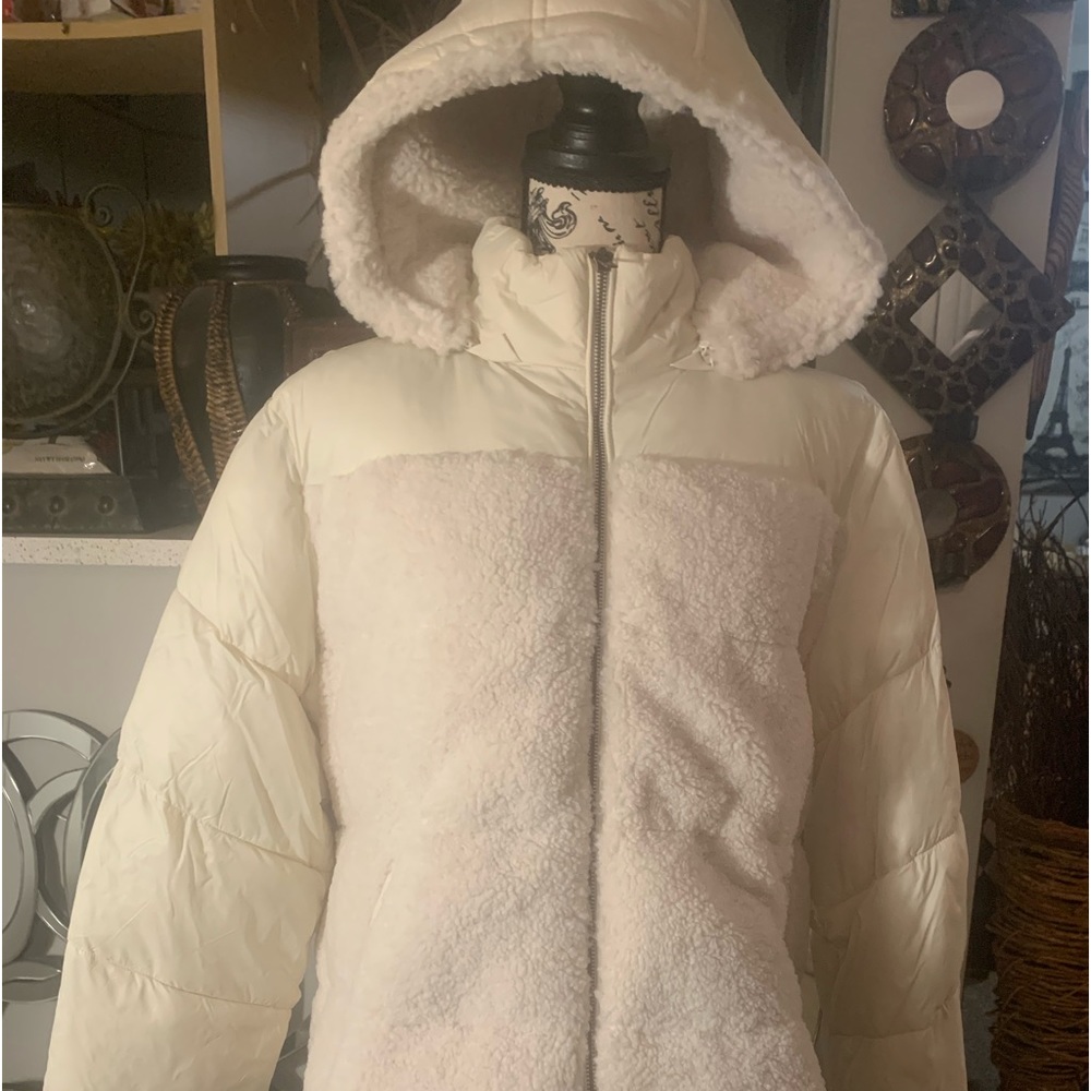 ANA off white shearling fur hooded jacket never wore. 80.00